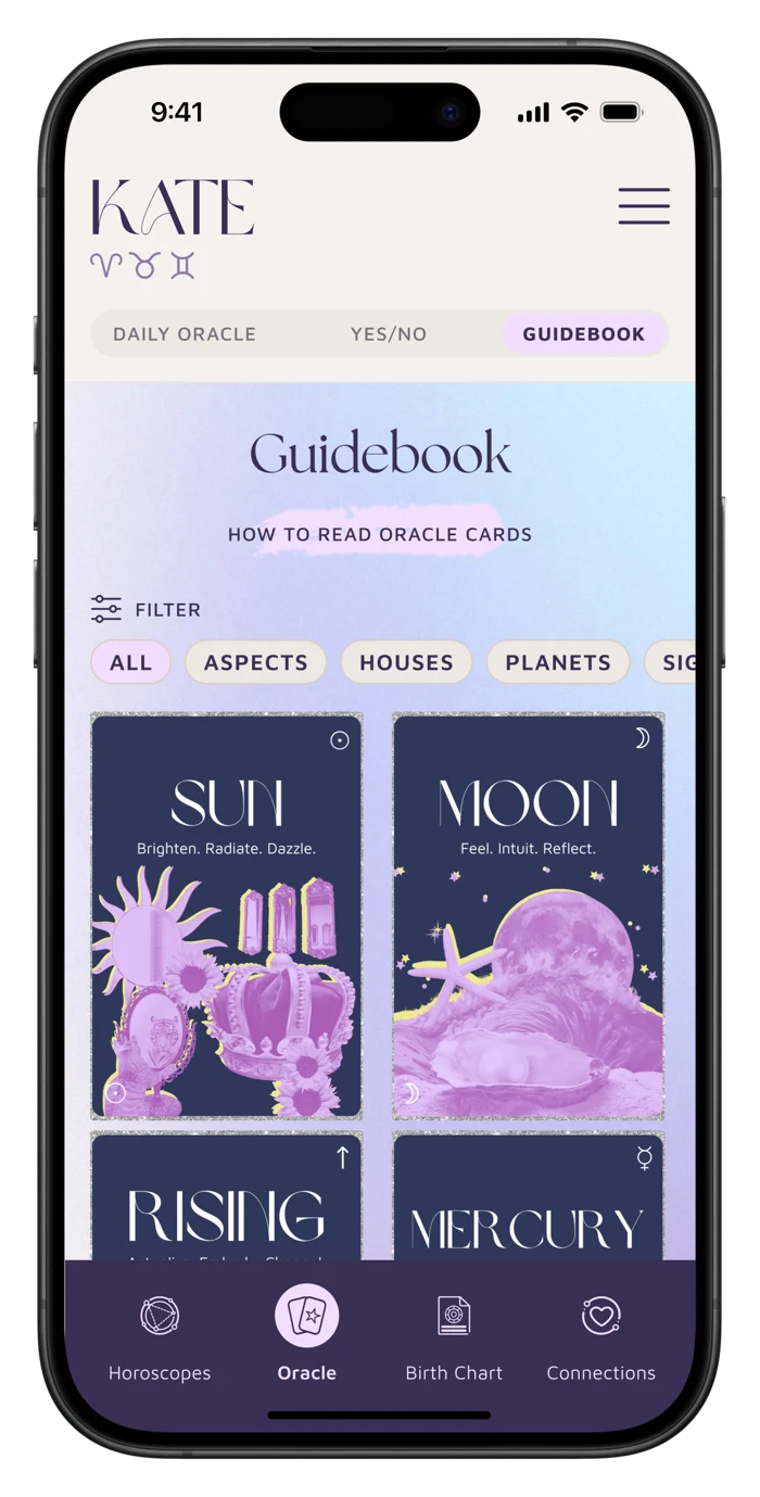 AION app Guidebook screen with filters and a grid of oracle cards including Sun and Moon