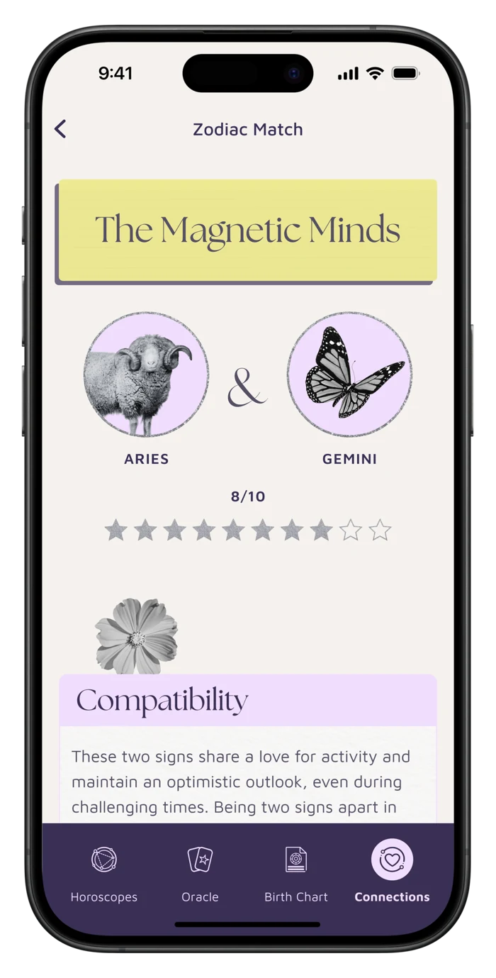 AION app Zodiac Match screen pairing Aries and Gemini as The Magnetic Minds, rated 8 out of 10