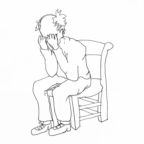 Line drawing of a figure sitting on a chair