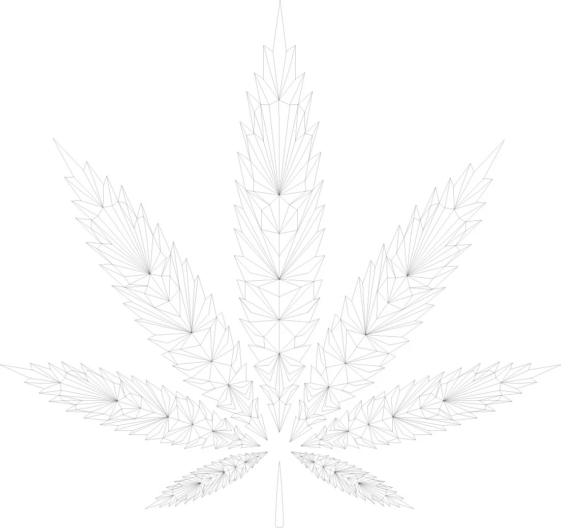 Geometric line drawing of a cannabis leaf built from hundreds of fine vector lines