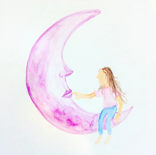 Watercolor girl sitting on a crescent moon