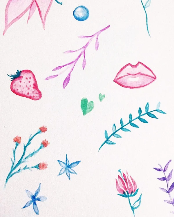 Watercolor pattern of strawberries, lips and sprigs