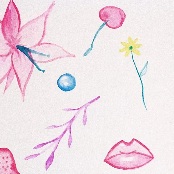 Watercolor pattern of a lily, cherry and lips