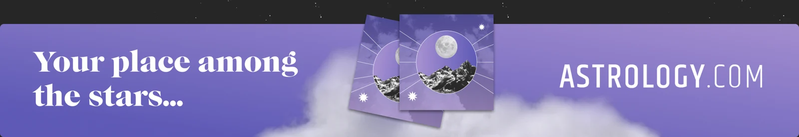 Astrology.com banner reading Your place among the stars, with moon and mountain cards over a cloud