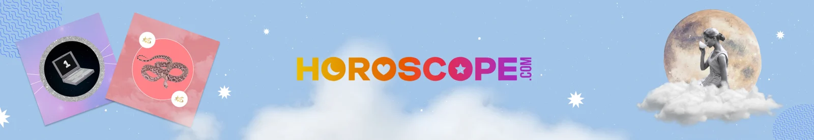 Horoscope.com banner on blue sky with color logo, laptop and snake cards, and a woman on a cloud