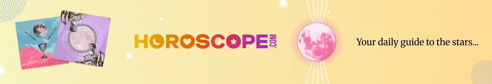 Horoscope.com banner on warm yellow with tarot cards, pink moon and the line Your daily guide to the stars