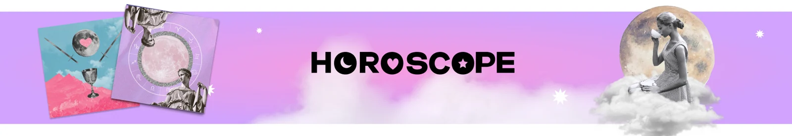 Horoscope banner on pink-violet sky with collaged tarot cards and a woman on a cloud before the moon