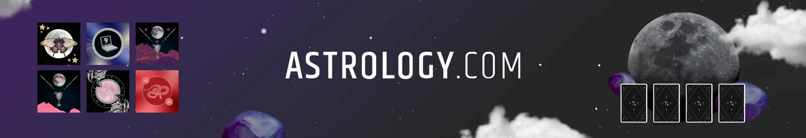 Astrology.com banner on a night sky with a grid of tarot illustrations, crystals, moon and card backs