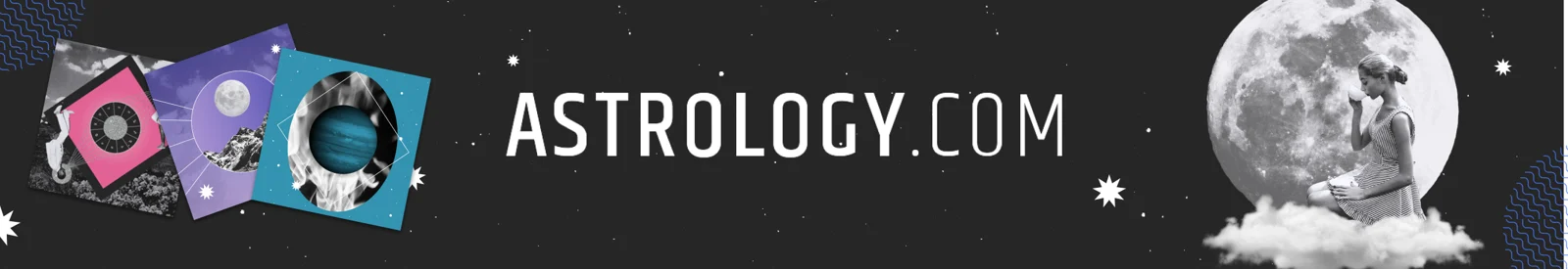 Astrology.com banner on black with fanned zodiac cards and a woman on a cloud before the moon