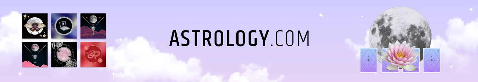 Astrology.com banner on lavender sky with tarot illustration grid, moon, lotus and card backs