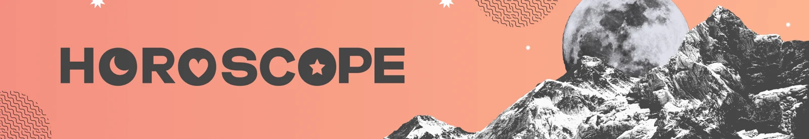 Horoscope banner on coral with dark logo, full moon rising behind snowy mountains