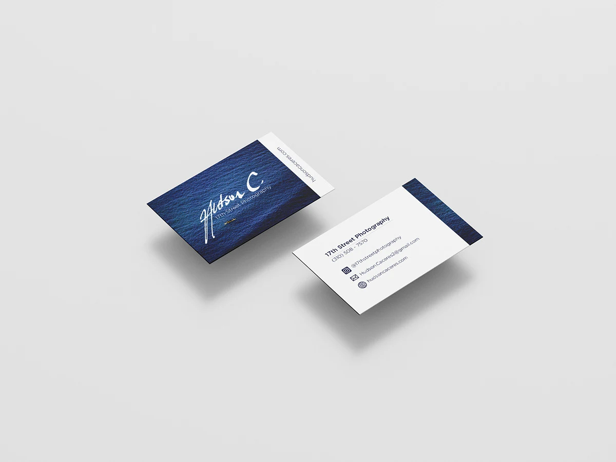 Mockup of the Hudson C. 17th Street Photography business card, front and back