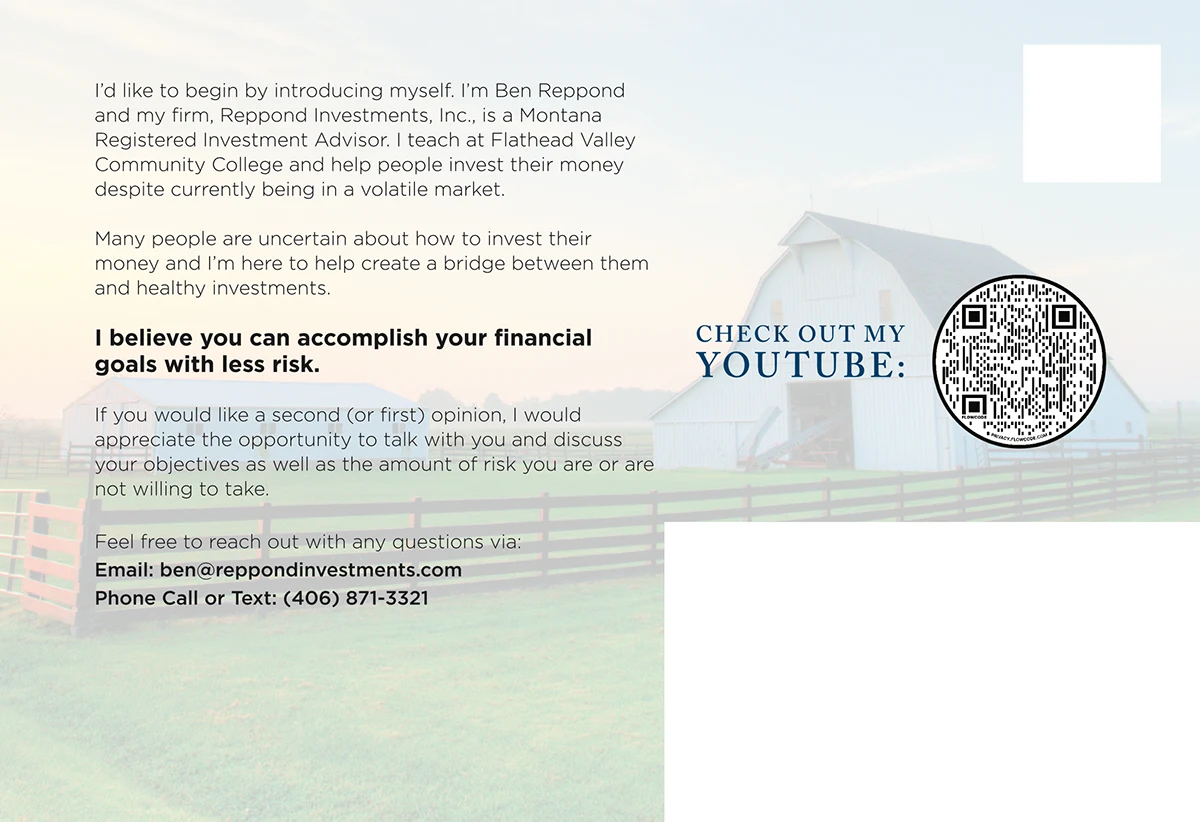 Postcard back with an introduction letter from the advisor and a YouTube QR code over a faded barn photo