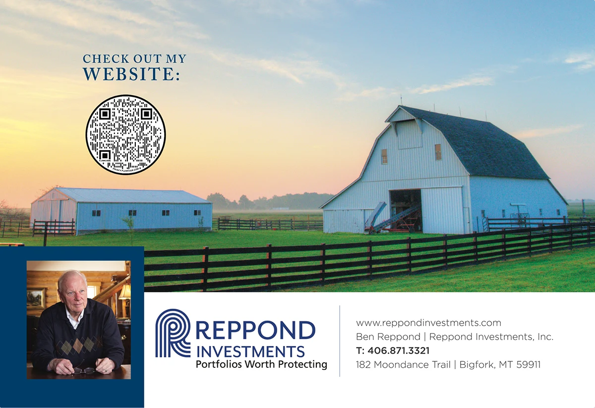 Direct-mail postcard front with a Montana barn at sunrise, a QR code, the advisor’s photo and the Reppond Investments logo
