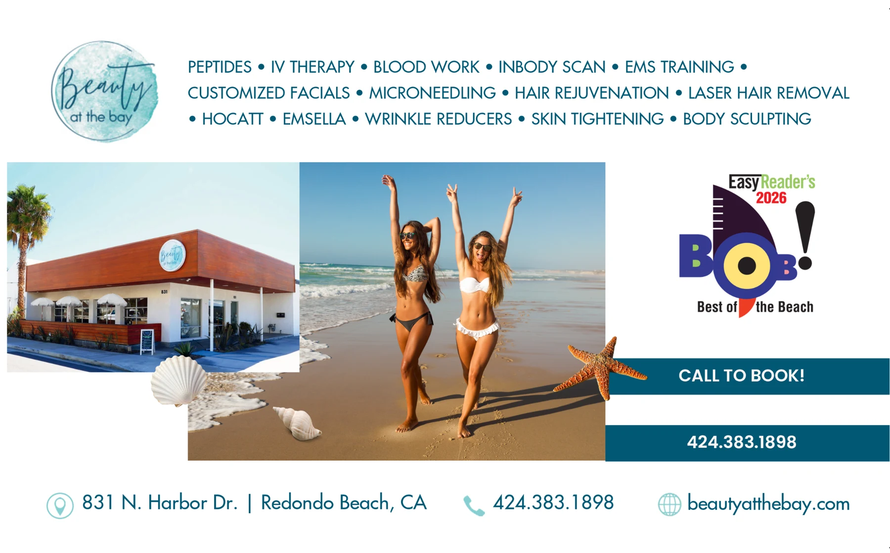 Beauty at the Bay magazine ad with the storefront, two women on the beach, the treatment list and the Easy Reader 2026 Best of the Beach award