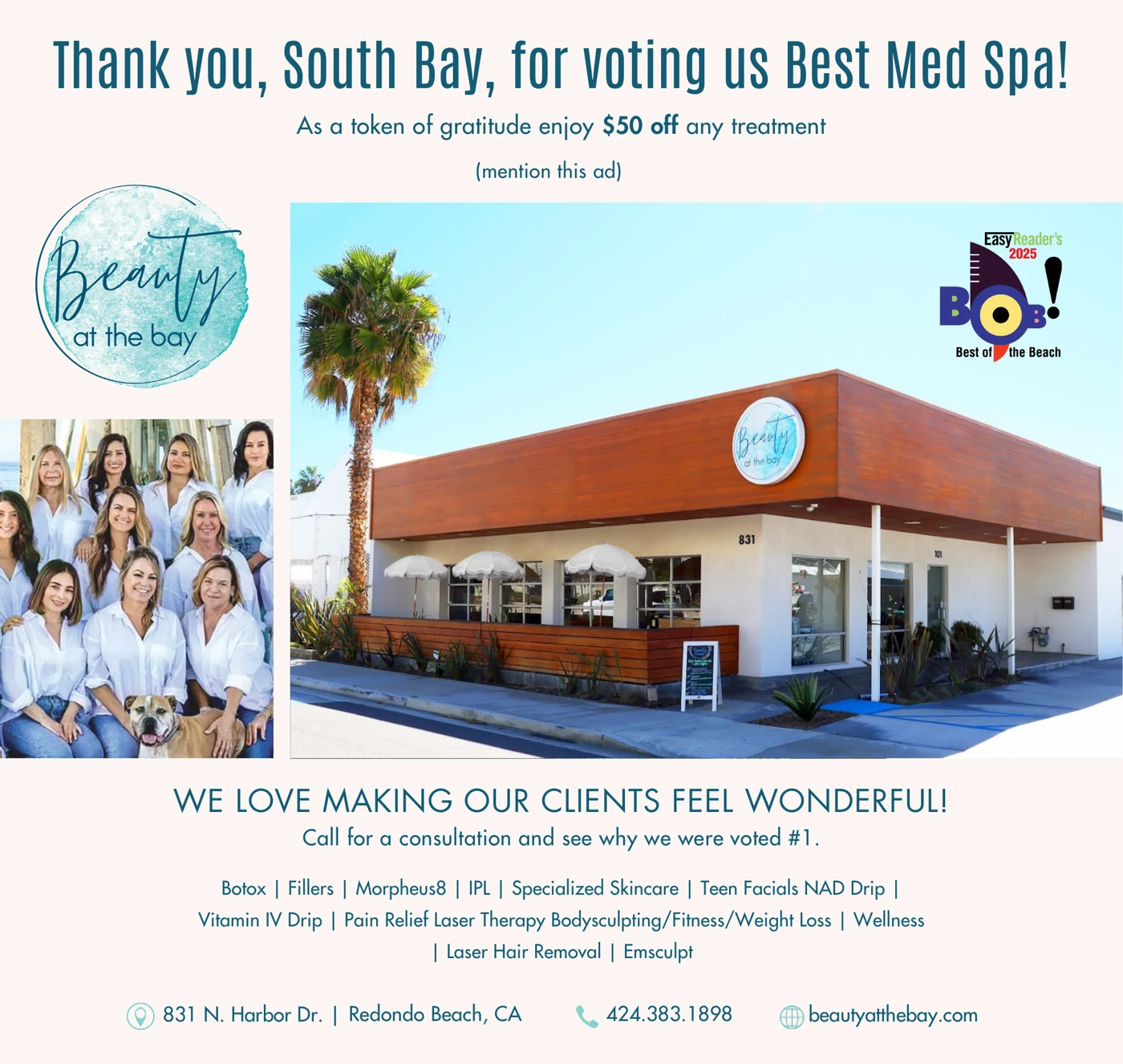 Beauty at the Bay thank-you ad: Thank you, South Bay, for voting us Best Med Spa, with the team photo, storefront and $50 off any treatment