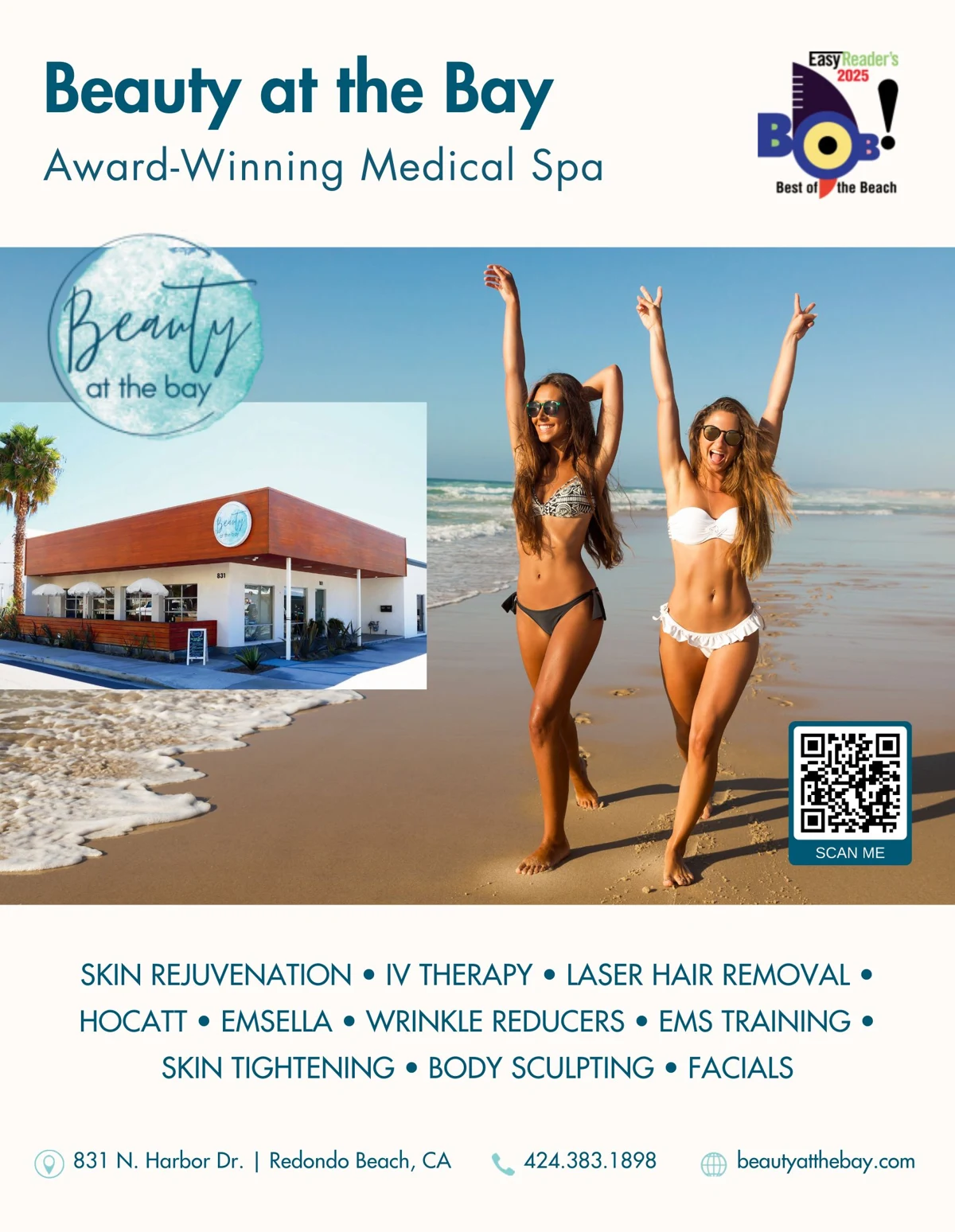 Full-page Beauty at the Bay magazine ad: Award-Winning Medical Spa, with the storefront, two women on the beach, a QR code and the treatment list