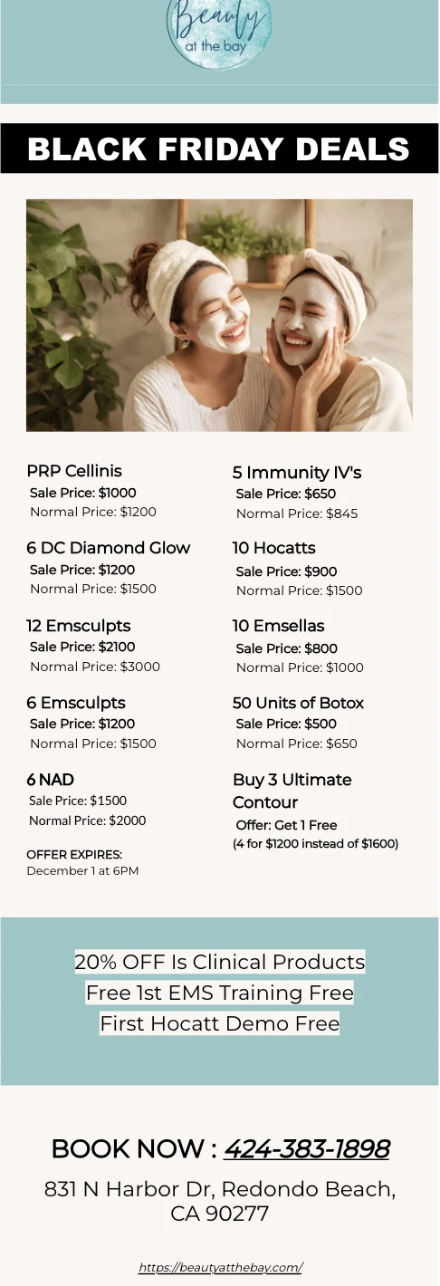 Black Friday Deals flyer with two women in face masks and a list of sale prices on spa packages