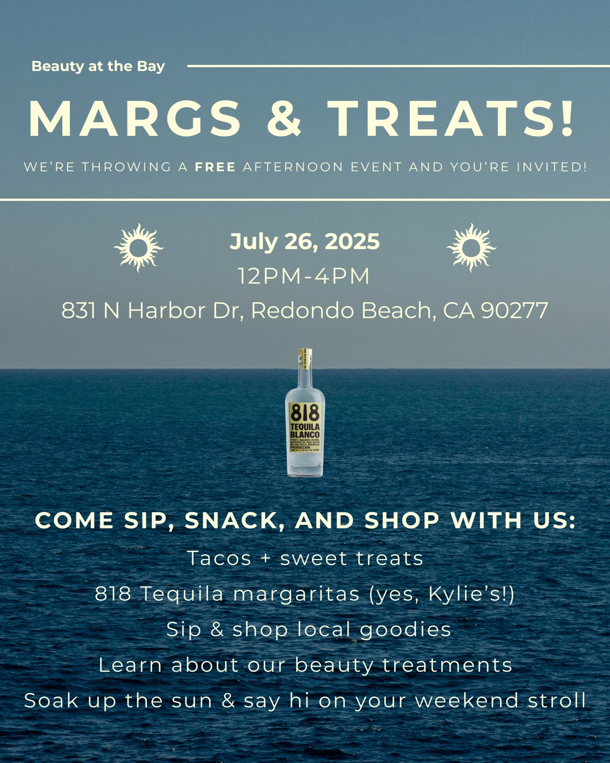 Instagram post: Margs & Treats, a free afternoon event, with an 818 Tequila bottle floating on the ocean