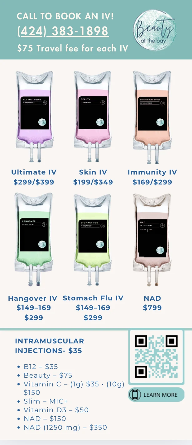 IV menu card: Ultimate, Skin, Immunity, Hangover, Stomach Flu and NAD IVs with prices, plus intramuscular injections and a QR code