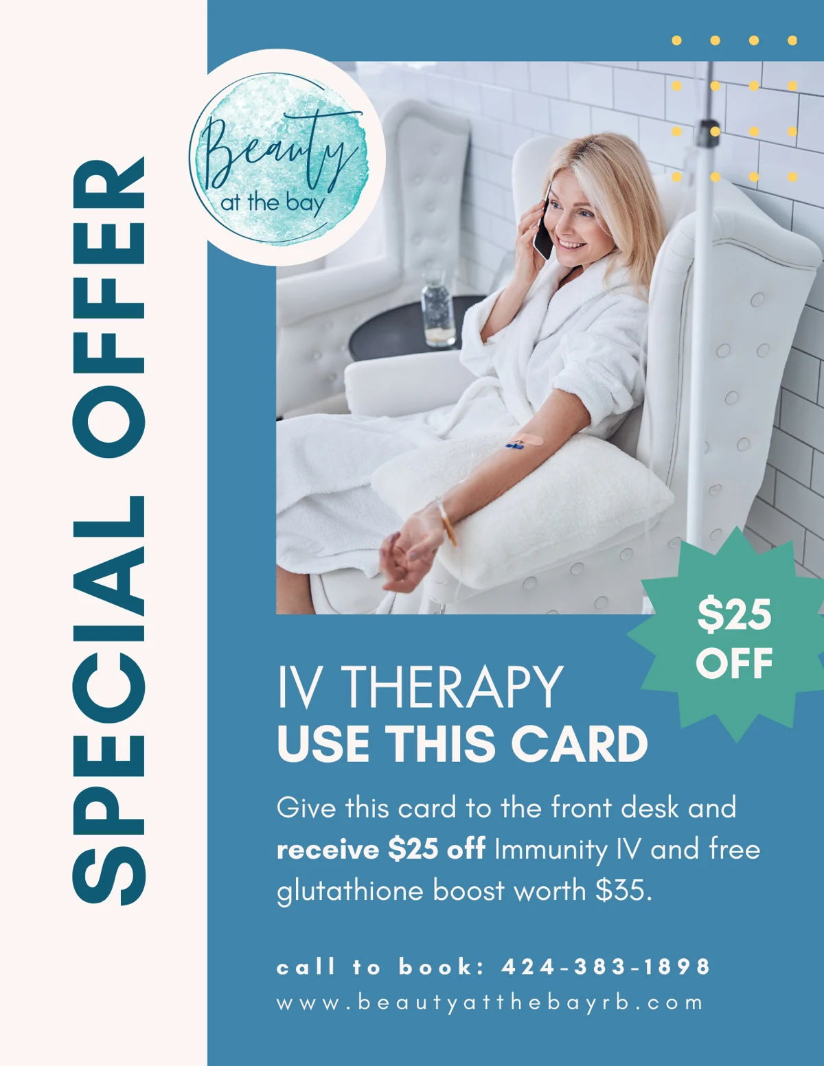 Beauty at the Bay Special Offer card: $25 off IV Therapy, with a client relaxing in a white IV lounge chair