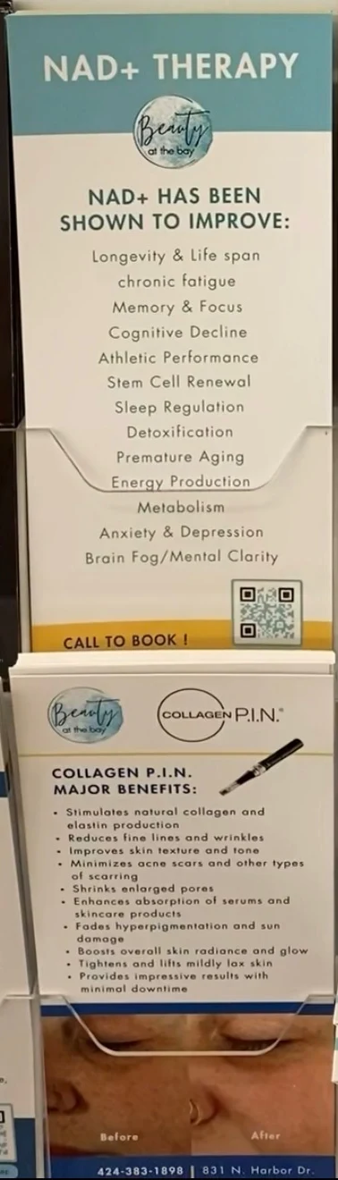 NAD+ Therapy and Collagen P.I.N. rack cards on display in the spa