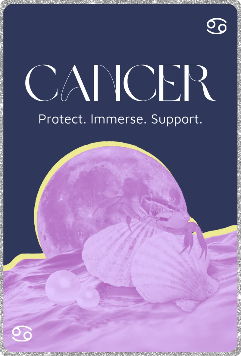 Cancer oracle card: Protect. Immerse. Support. Crab on seashells before the moon