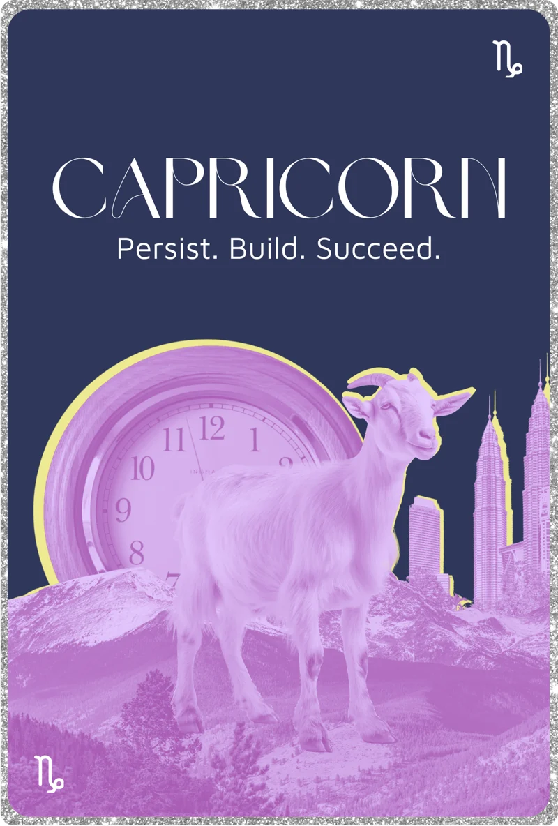 Capricorn oracle card: Persist. Build. Succeed. Goat on a mountain with a clock and skyline