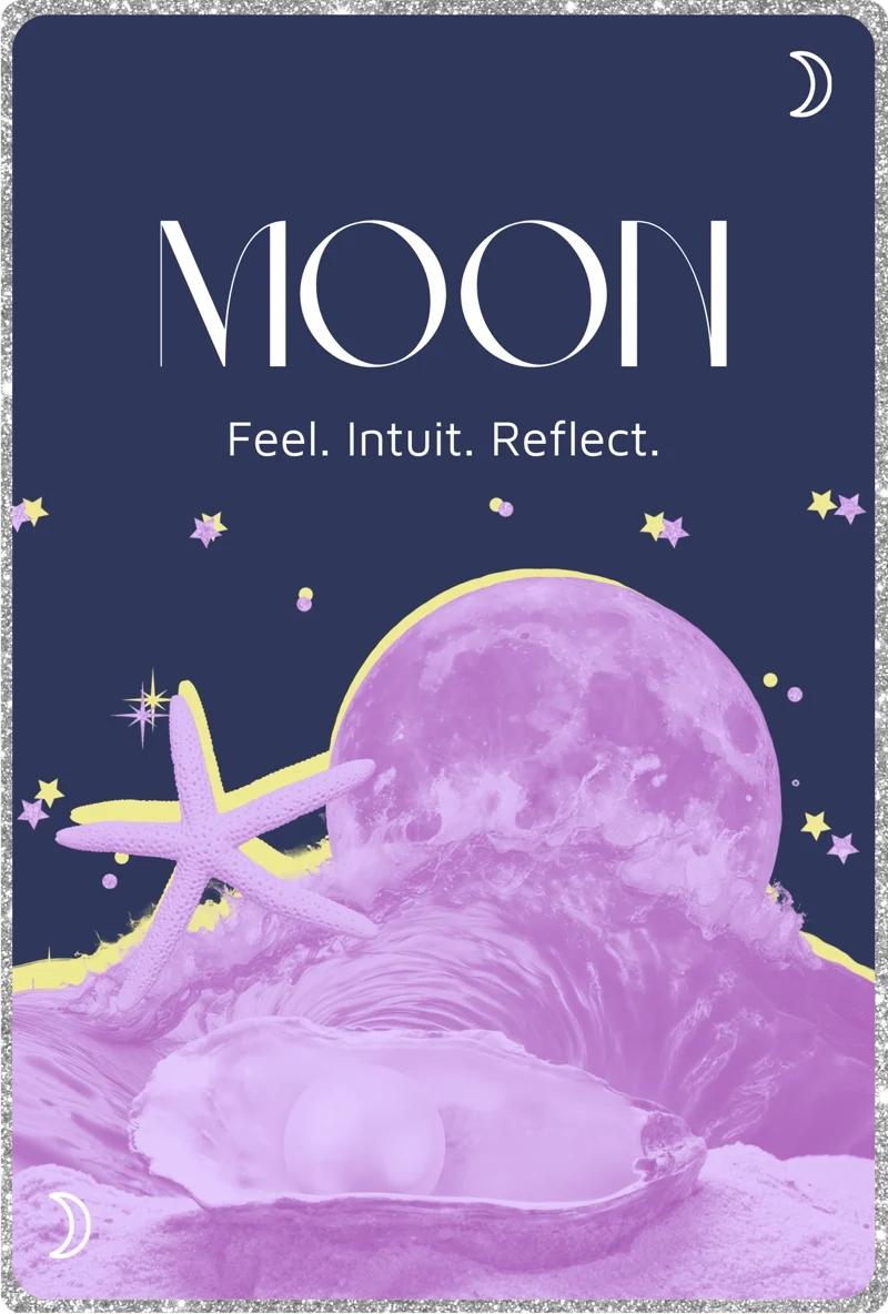 Moon oracle card: Feel. Intuit. Reflect. Starfish, wave and pearl in an oyster