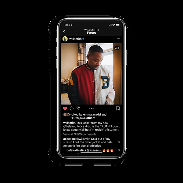 Phone mockup of an Instagram post featuring a Bel-Air Athletics varsity jacket
