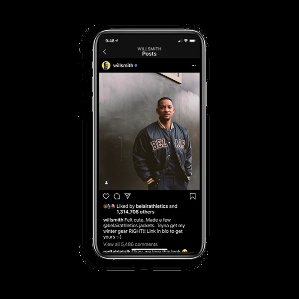 Phone mockup of an Instagram post featuring a navy Bel-Air Athletics jacket