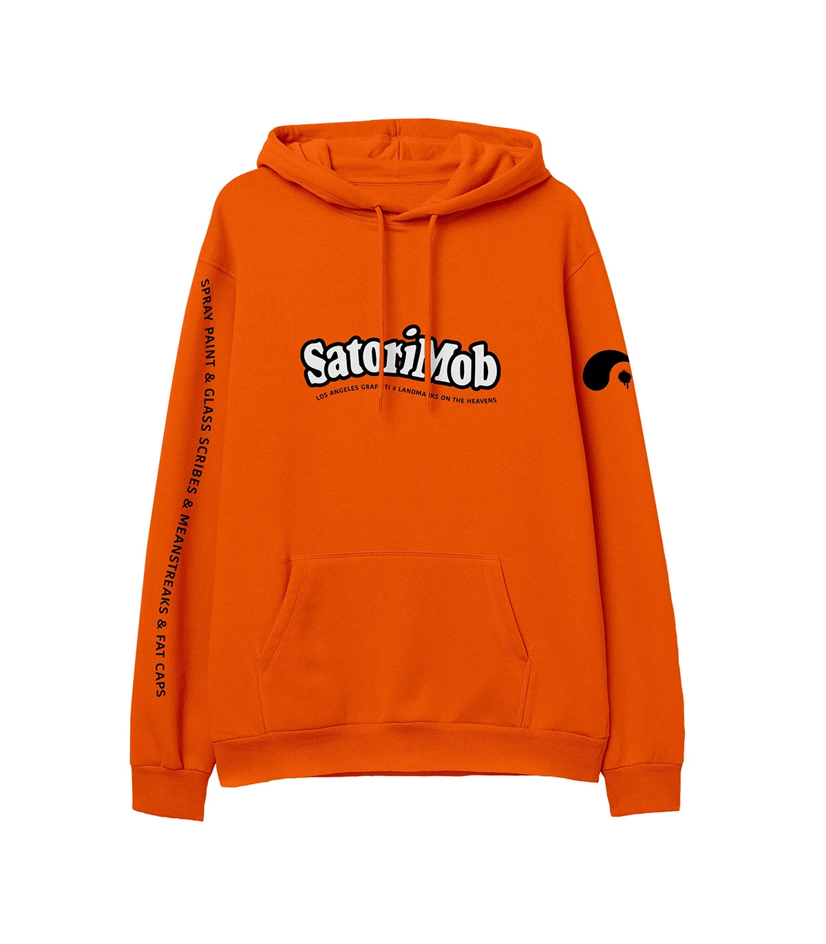 Orange SatoriMob hoodie with the logo on the chest and sleeve type