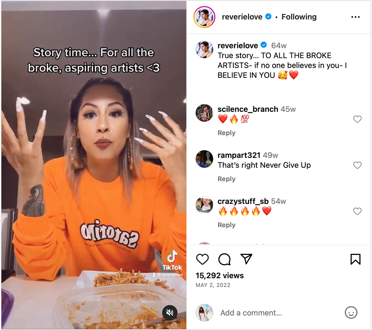Instagram post from SatoriMob founder and verified creator @reverielove wearing the orange SatoriMob sweatshirt, with 15,292 views