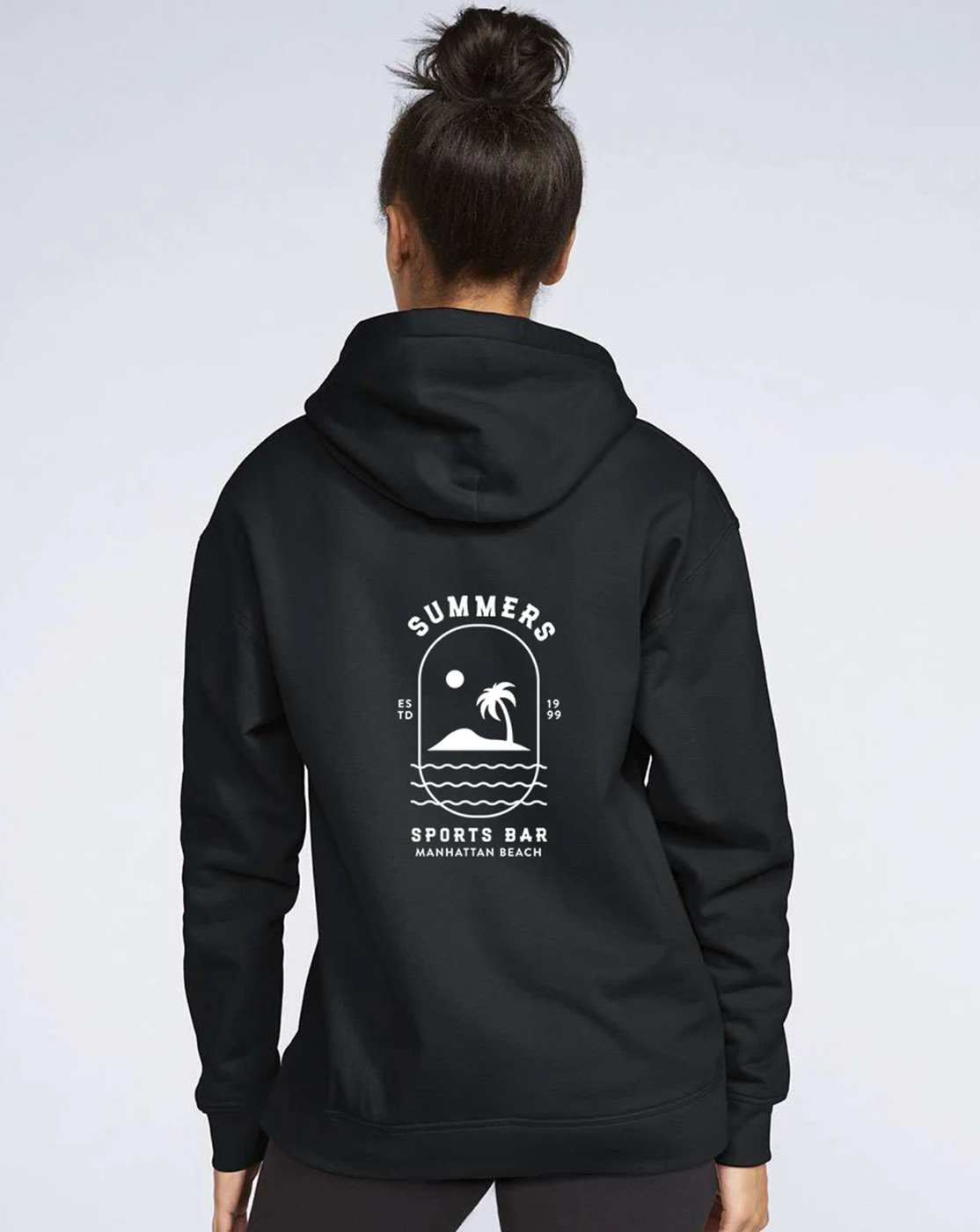Back of a black hoodie with the new Summer’s Sports Bar Manhattan Beach badge logo in white