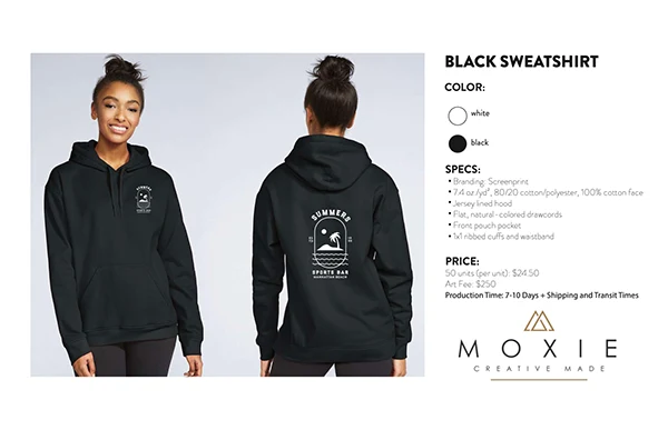 Product sheet for the black Summer’s sweatshirt with colors, specs and pricing