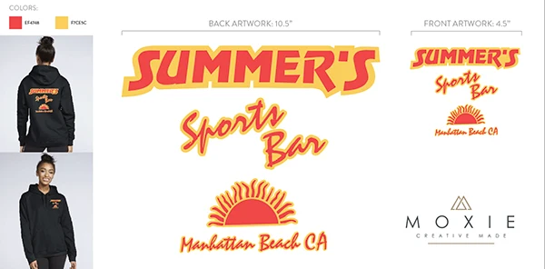 Print spec showing the original Summer’s logo on the front and back of a black hoodie