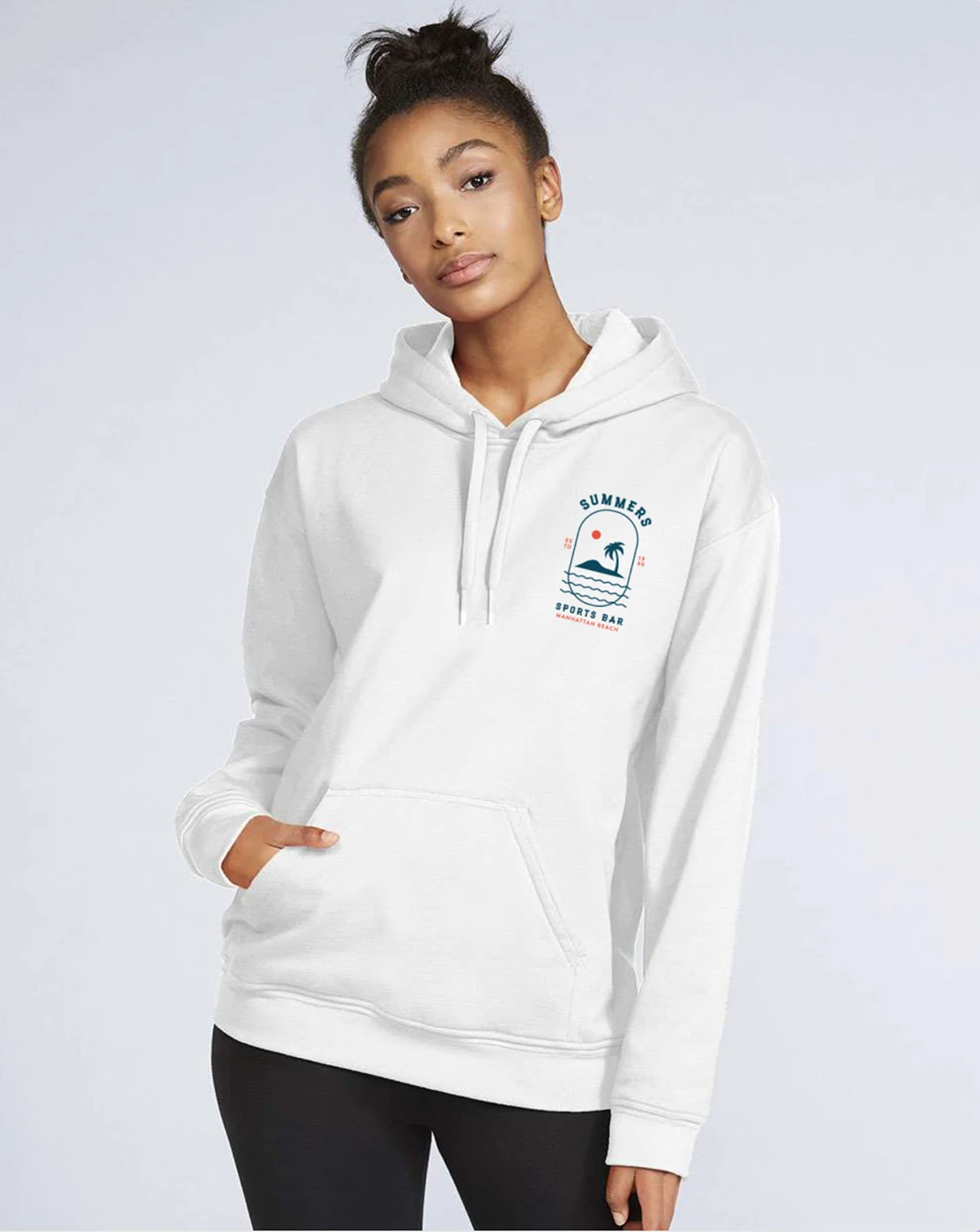 White hoodie with the new Summer’s Sports Bar badge logo, a palm tree island and waves, on the chest