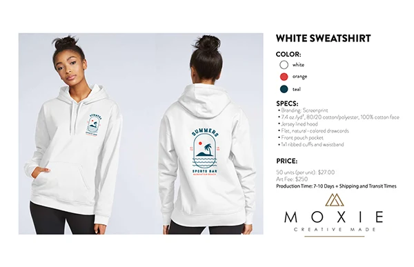 Product sheet for the white Summer’s sweatshirt with colors, specs and pricing
