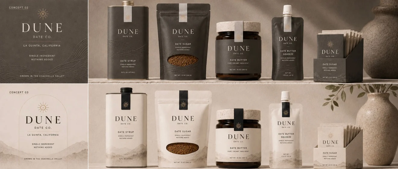 Two packaging concepts for the full Dune range: syrup tin, sugar pouch, date butter jar, squeeze pouch and packet box, one in espresso and one in cream