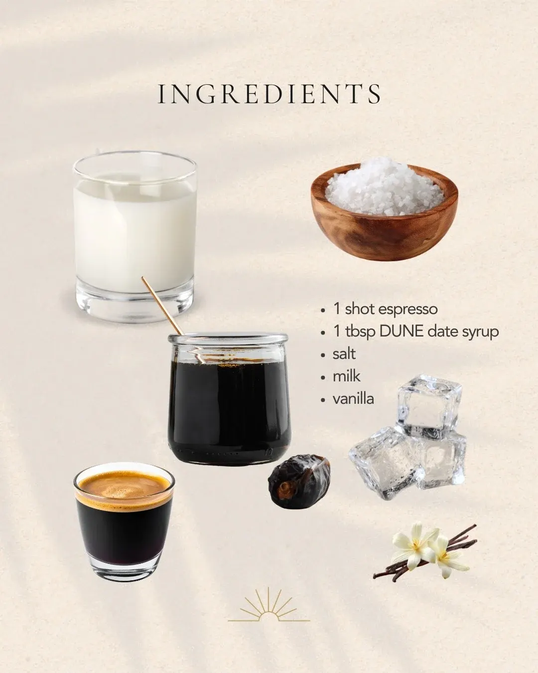 Recipe post listing ingredients for a date syrup latte: espresso, Dune date syrup, salt, milk and vanilla