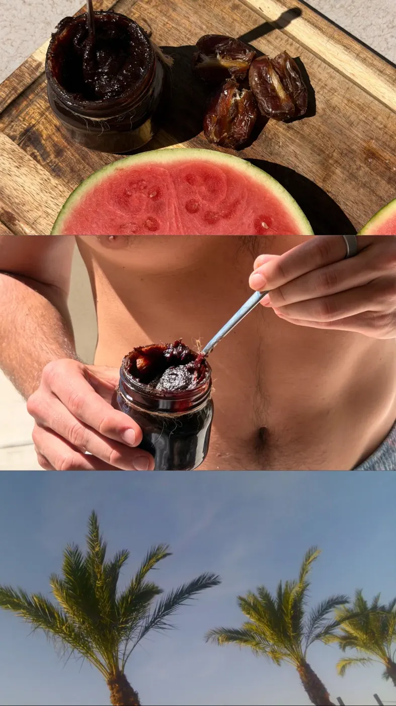 Three-photo story: a jar of date butter with dates and watermelon, a spoonful of date butter, and palms against a blue sky