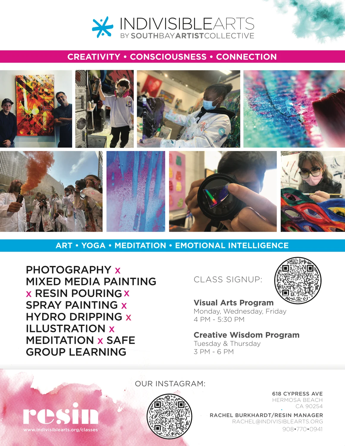 Creativity, Consciousness, Connection flyer with a photo grid and class signup QR code