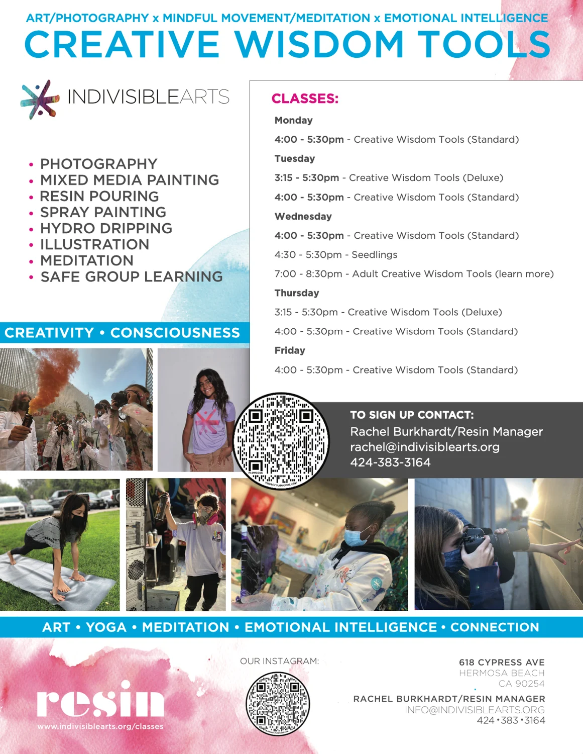Creative Wisdom Tools class schedule flyer with photos of kids doing art and yoga