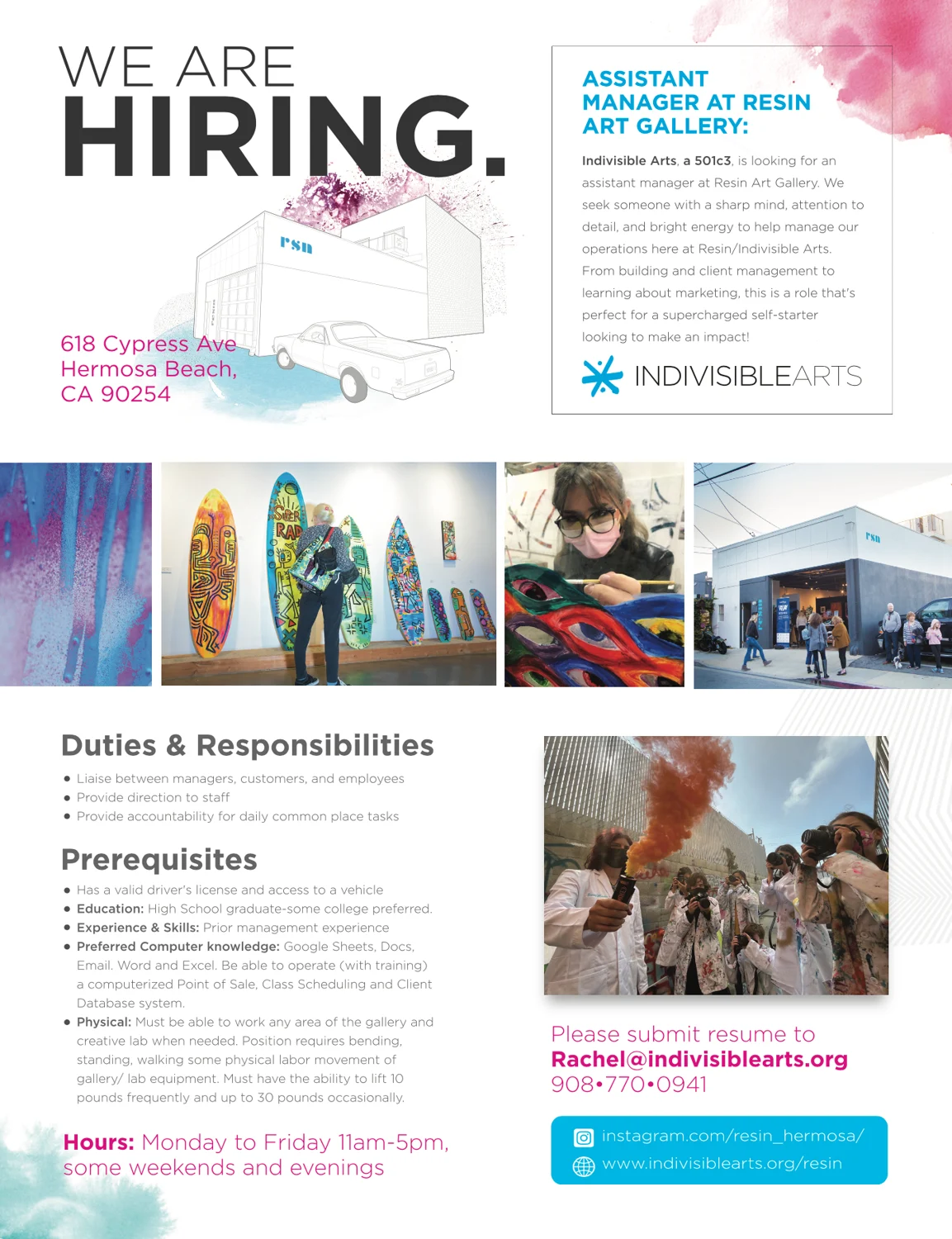 We Are Hiring flyer for an assistant manager at Resin Art Gallery, with Erin’s gallery illustration