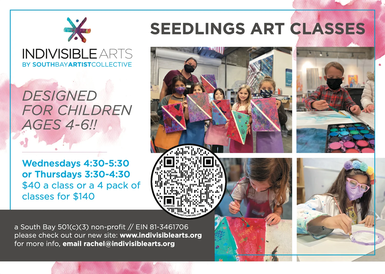 Seedlings Art Classes flyer for children ages 4 to 6 with class photos and a QR code