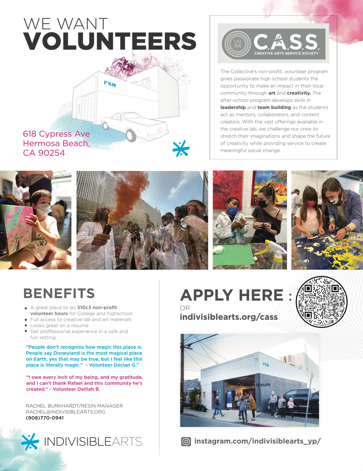 We Want Volunteers flyer for the C.A.S.S. teen volunteer program, with Erin’s gallery illustration