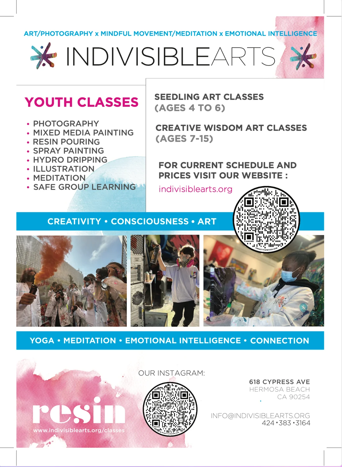 Indivisible Arts youth classes flyer listing photography, painting, resin pouring and meditation