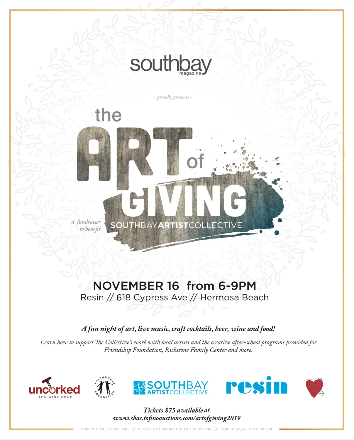 The Art of Giving fundraiser poster with wood-textured lettering and a painted brush stroke