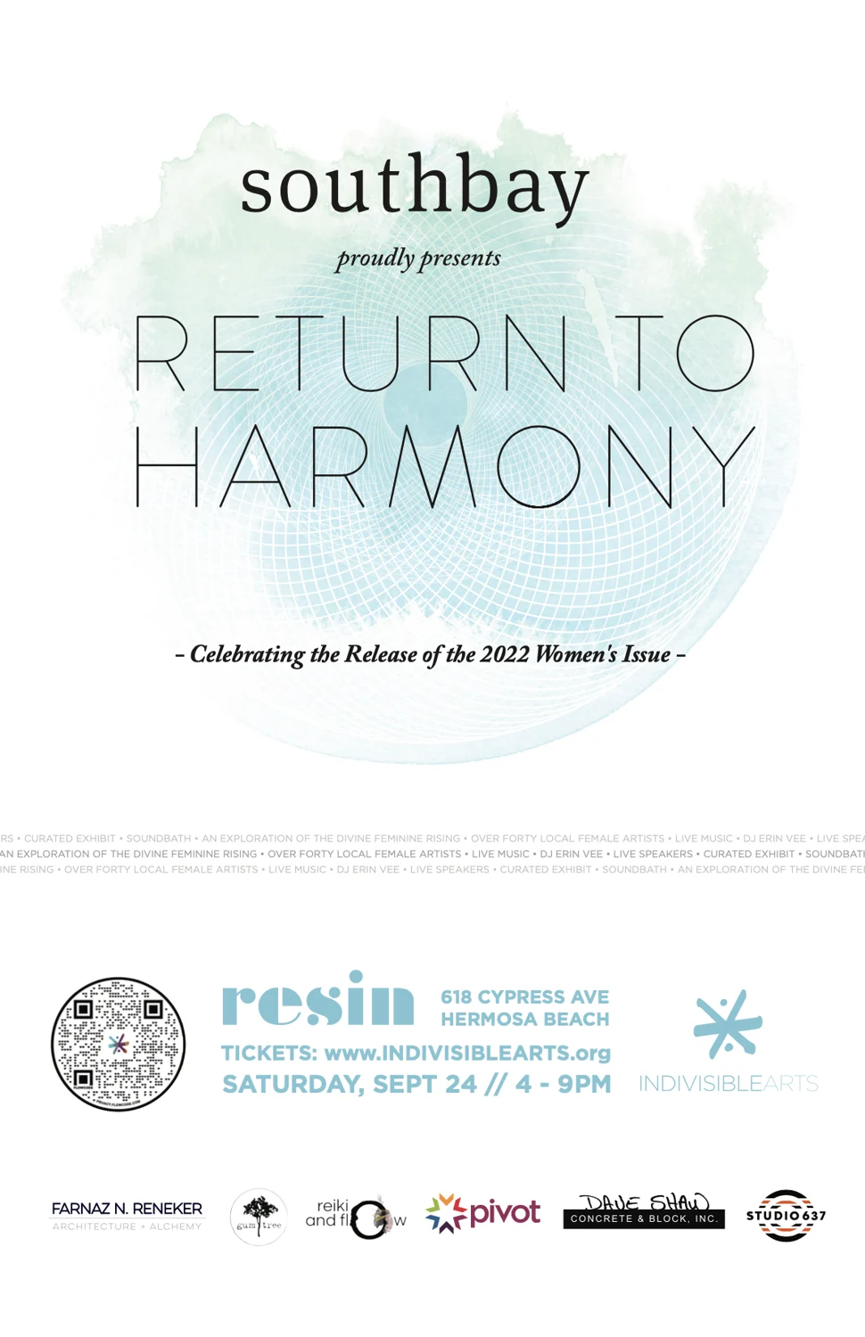 Return to Harmony poster celebrating the 2022 Southbay Women’s Issue, with thin type over a watercolor spiral