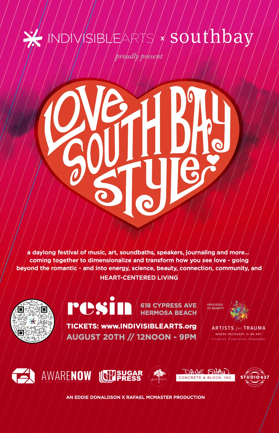 Love South Bay Style festival poster with a hand-lettered heart on a red and pink striped background